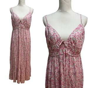 Aeropostale Floral Smocked Maxi Sundress Size L Pink Milkmaid Low Back Dress